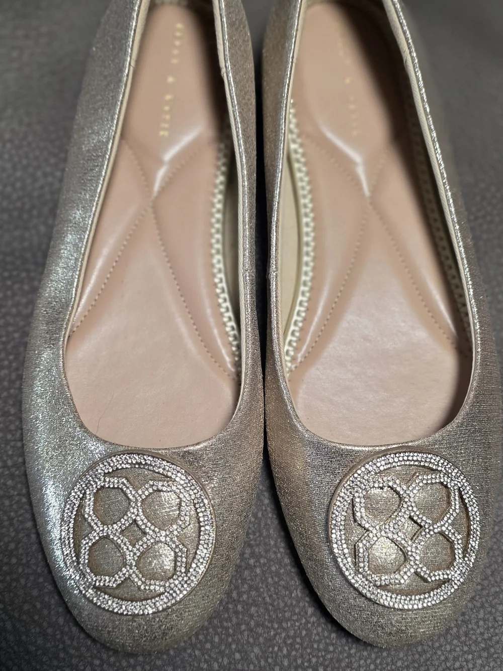 Kelly & Katie Metallic Champagne Ballet Flats with Rhinestone Medallion